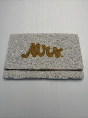 Beaded Wedding 'Mrs.' Clutch in Ivory with Gold Script